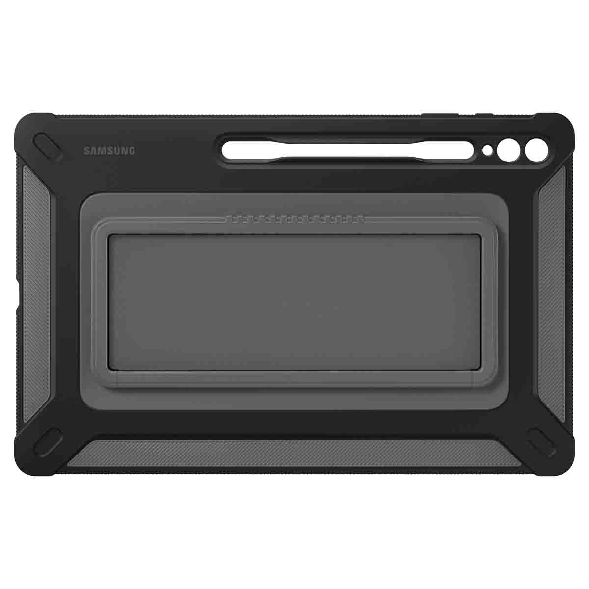 Custodia per tablet nera e grigia con fessura per stilo, su sfondo bianco.