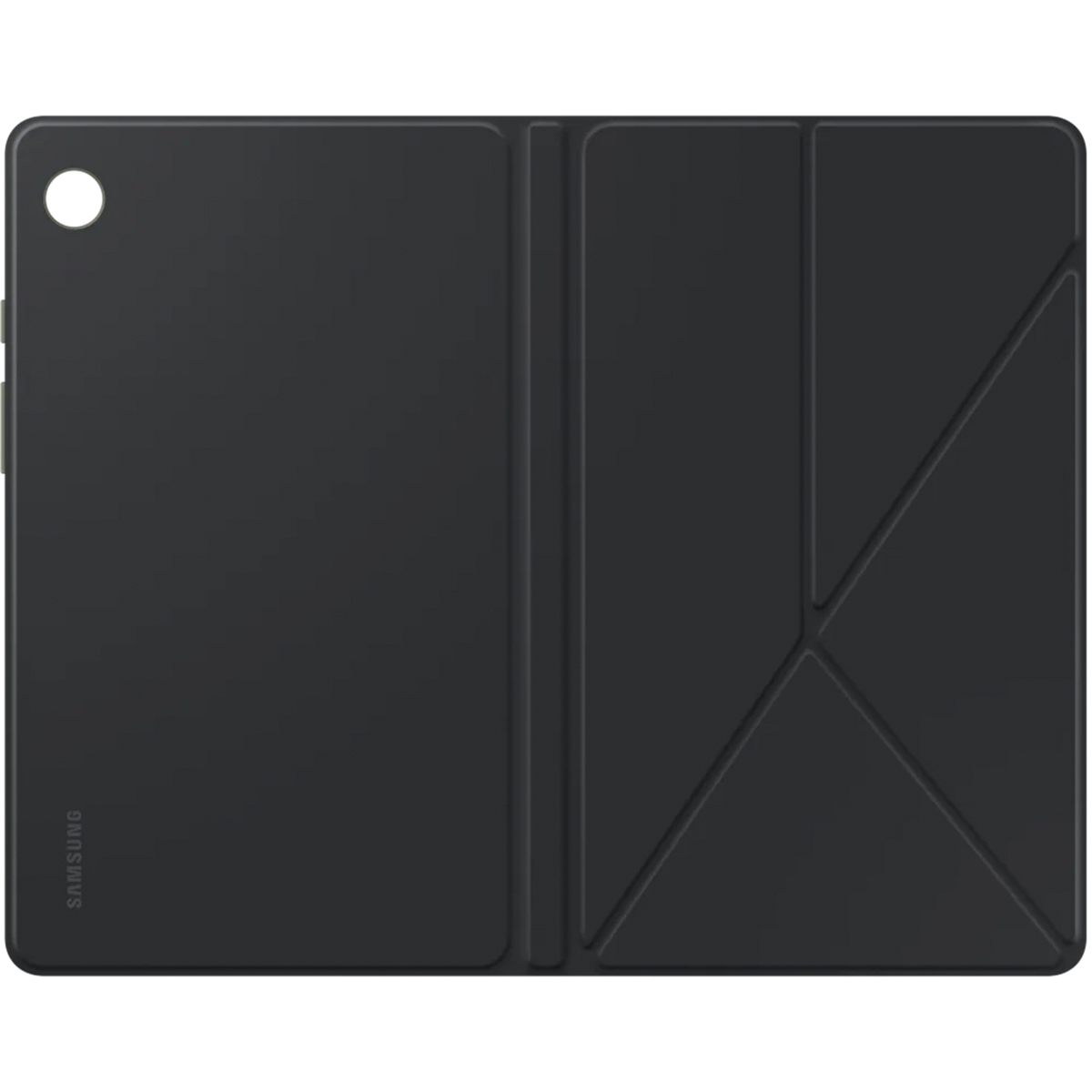 Schwarze Tablet-Hülle, offen. Dunkler Innenraum mit gefaltetem Deckel rechts.
