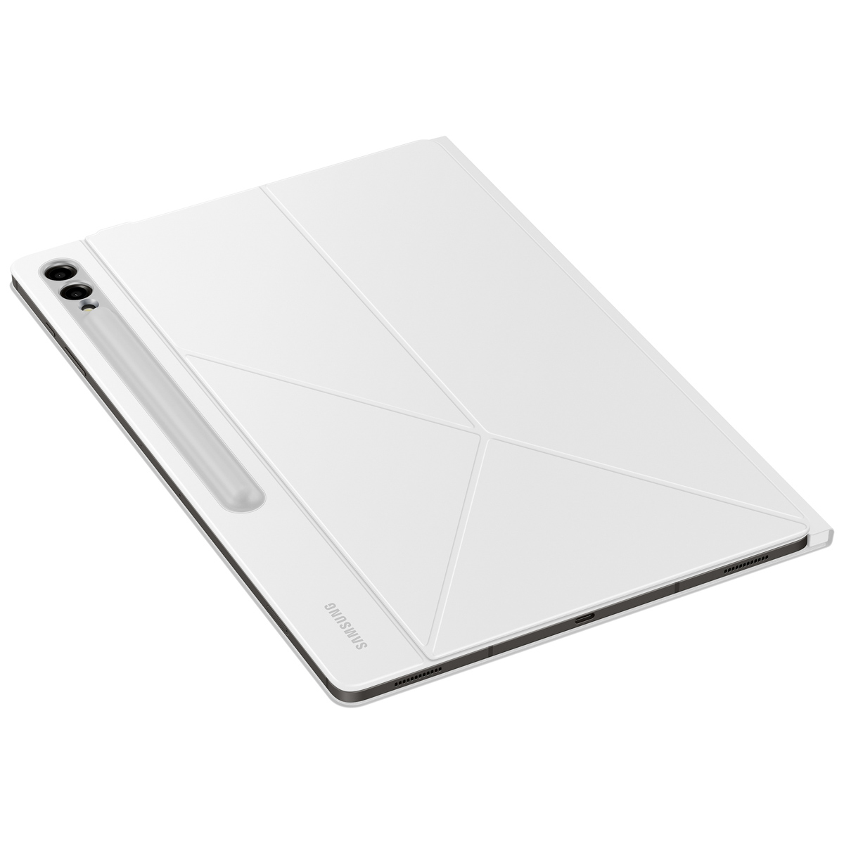Biały tablet z białą osłoną. Pokrowiec jest złożony. Pióro jest przymocowane po lewej stronie.
