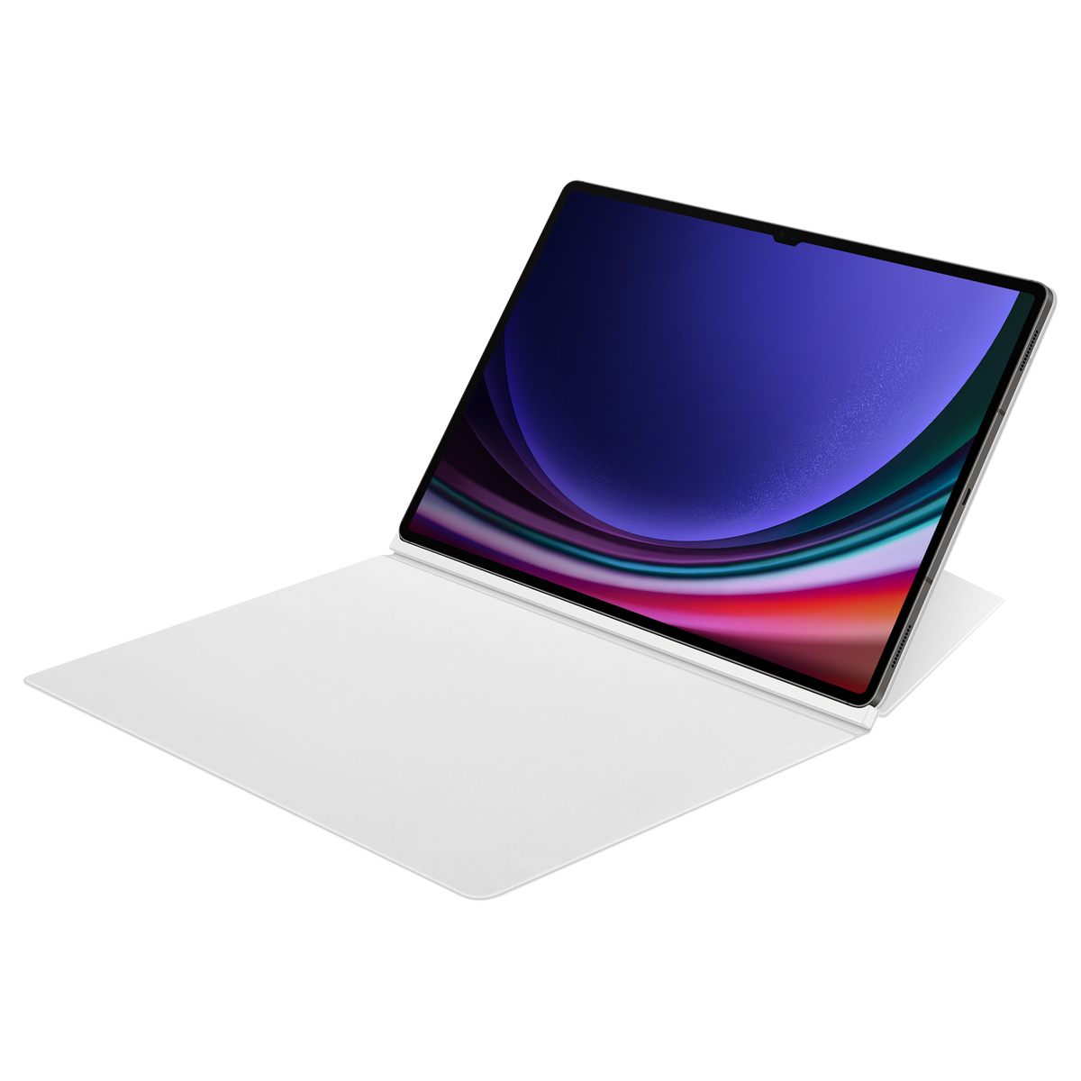 Otwarty biały tablet z kolorowym ekranem, spoczywający na białej obudowie.