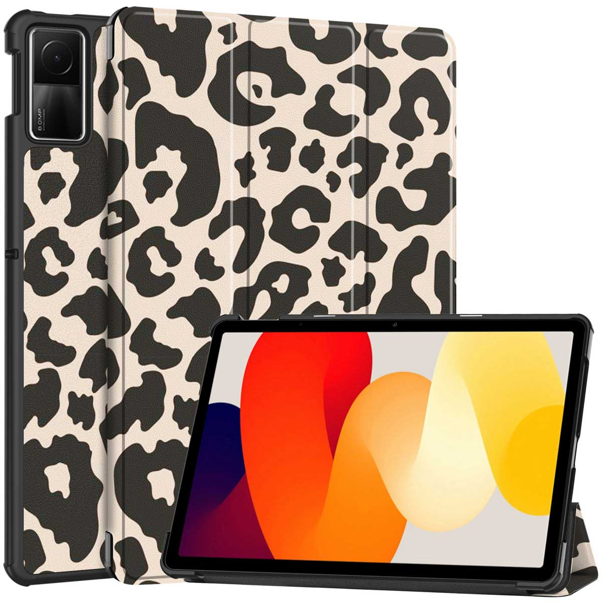 Tablet case with leopard print, standing with the screen showing colorful graphics.