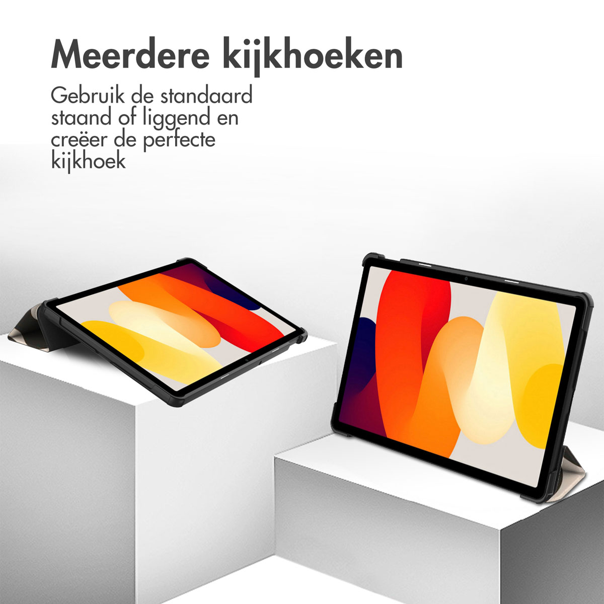 Tablets in cases, one angled up, one flat, both with orange and yellow screens.