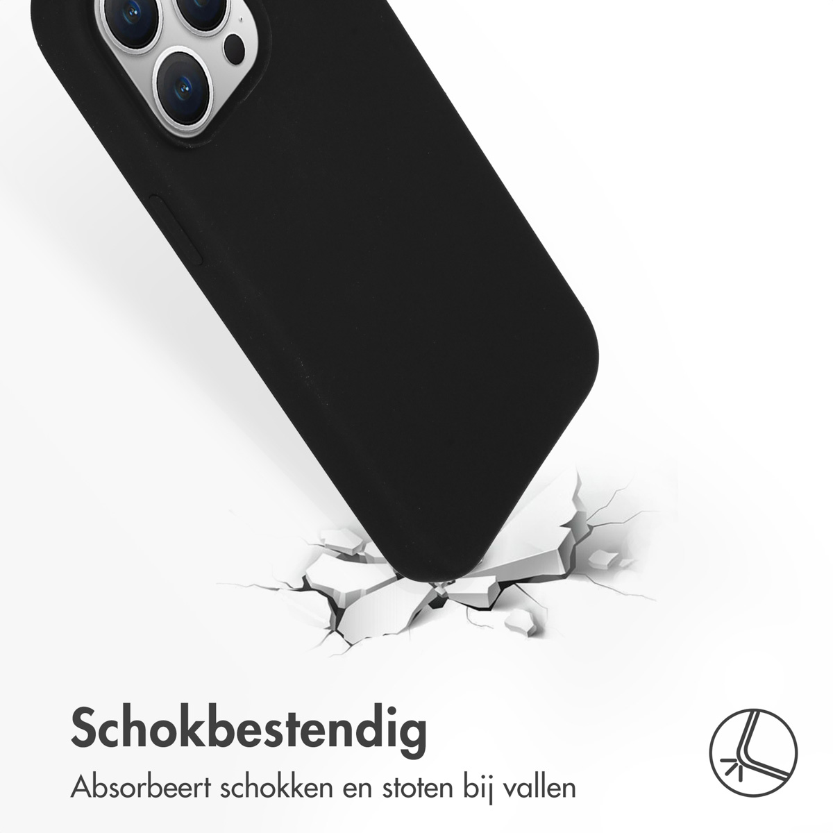 Een zwarte telefoonhoes die een oppervlak raakt en het breekt. Tekst: 'Schokbestendig'.