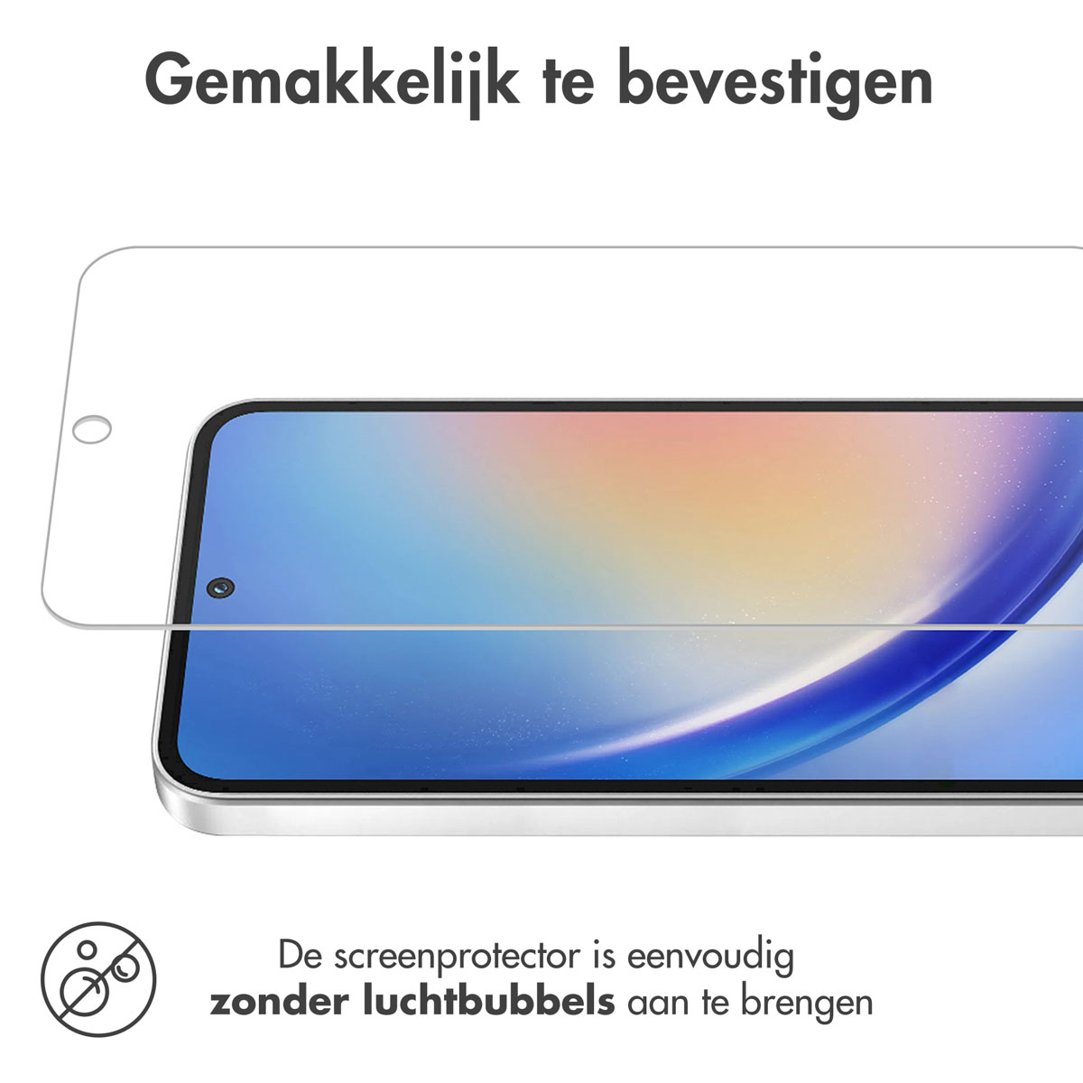 Schermbeschermer op telefoon. Tekst: Eenvoudig aan te brengen zonder luchtbellen.