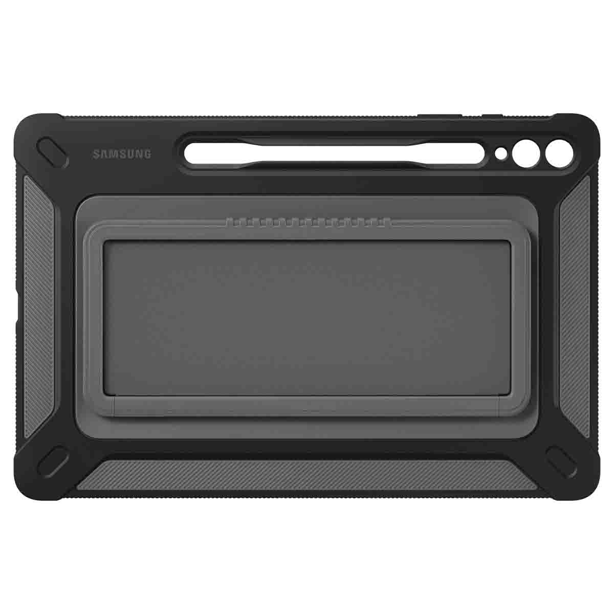 Czarny i szary futerał na tablet. Etui ma wbudowaną podstawkę i uchwyt na rysik.