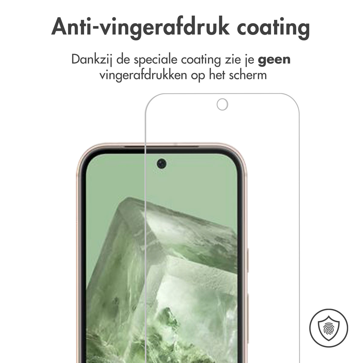 Schermbeschermer wordt aangebracht op een telefoon. Tekst: Anti-vingerafdruk coating.