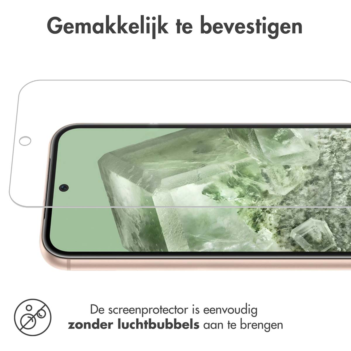 Een telefoon met een screenprotector, een doorzichtig vel er boven en tekst die de eenvoudige installatie aangeeft.