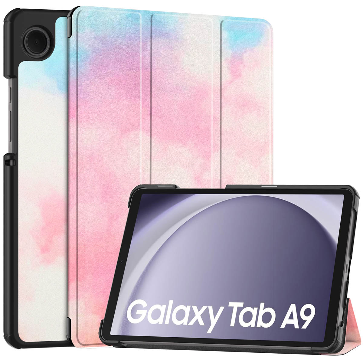 Tablet met hoes, met een roze en blauw aquarelontwerp. De tablet is zwart met een hoes.