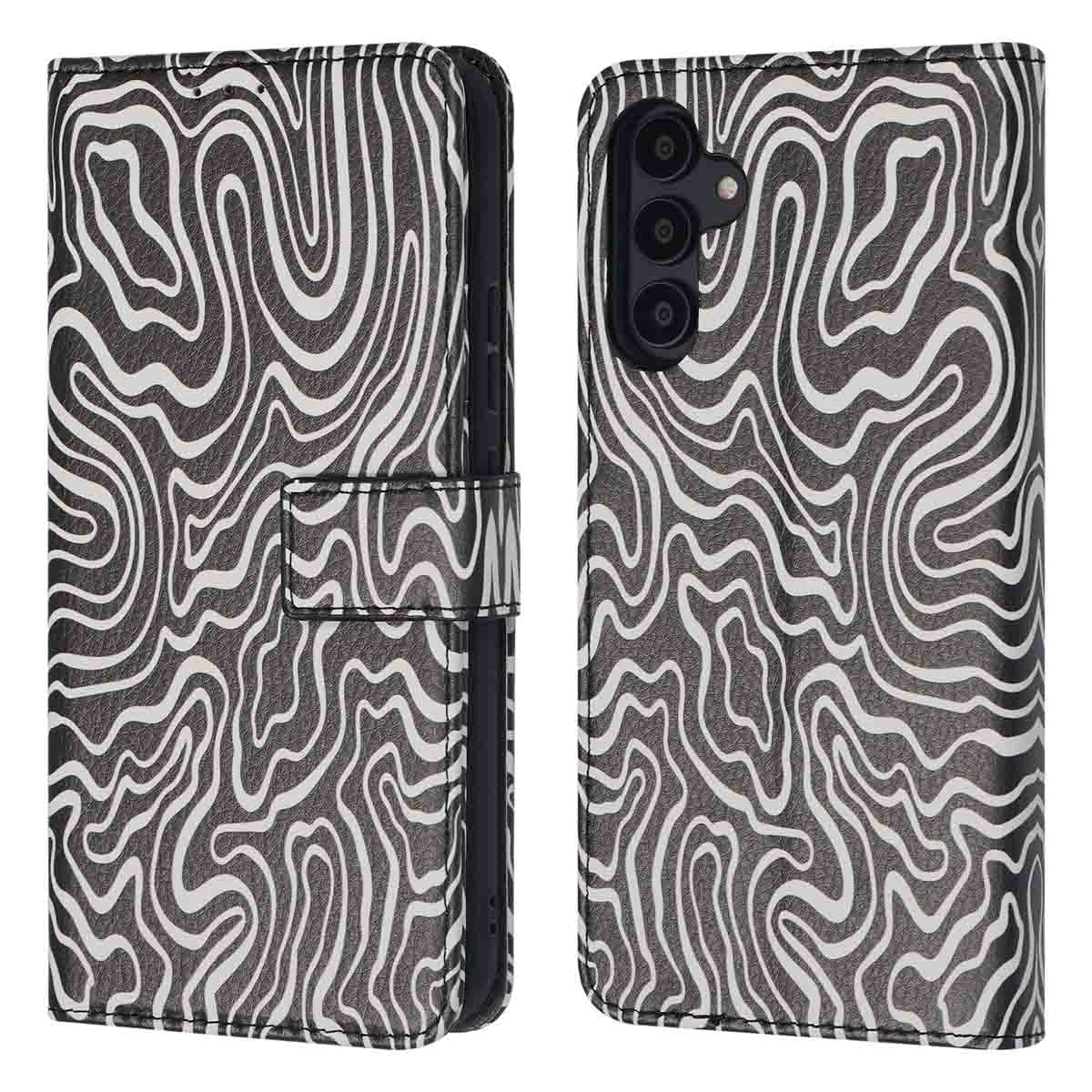 Étui de téléphone ouvert, montrant un motif zébré. Lignes ondulées en noir et blanc.