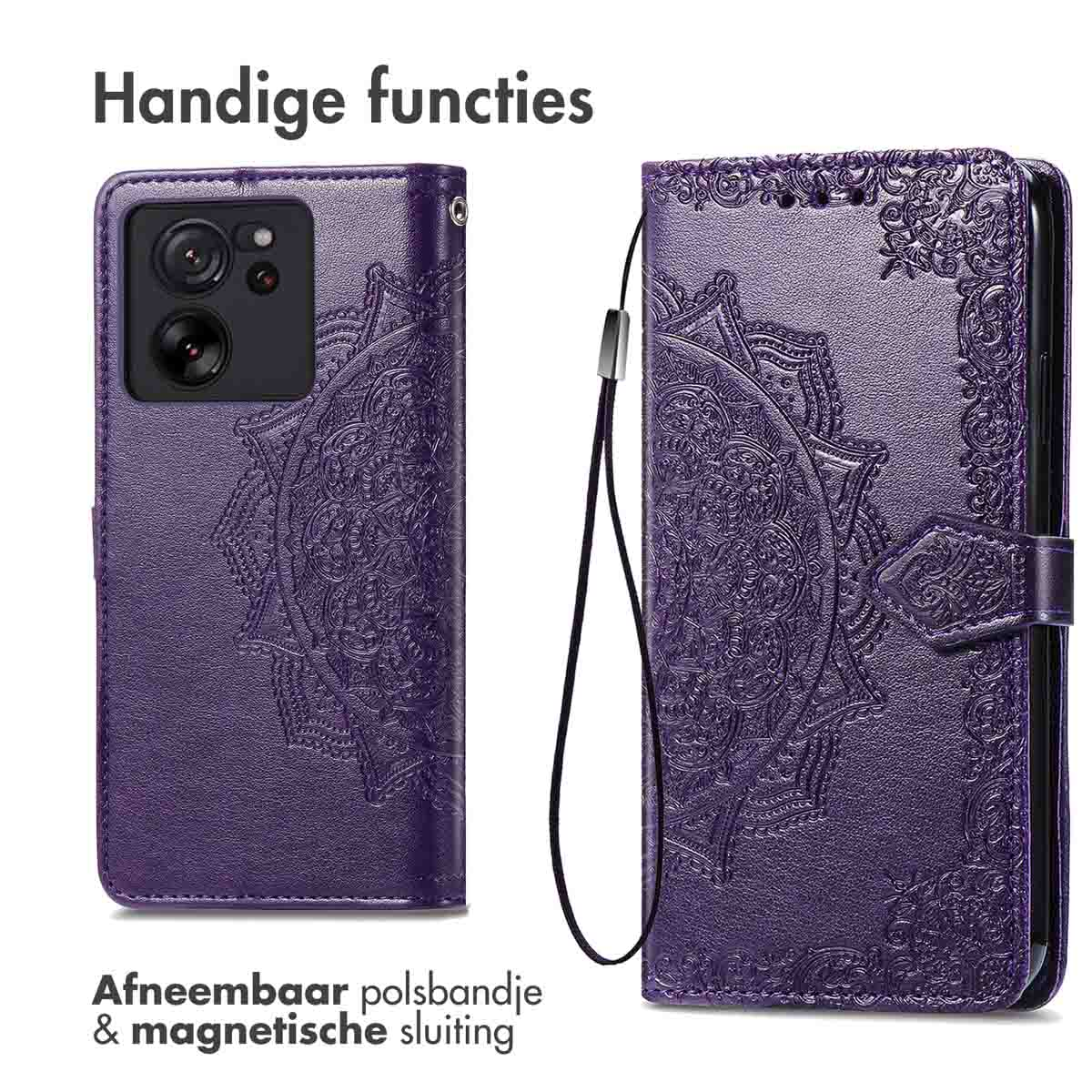 Paarse telefoonhoes met mandala-ontwerp, magnetische sluiting en afneembare polsband.