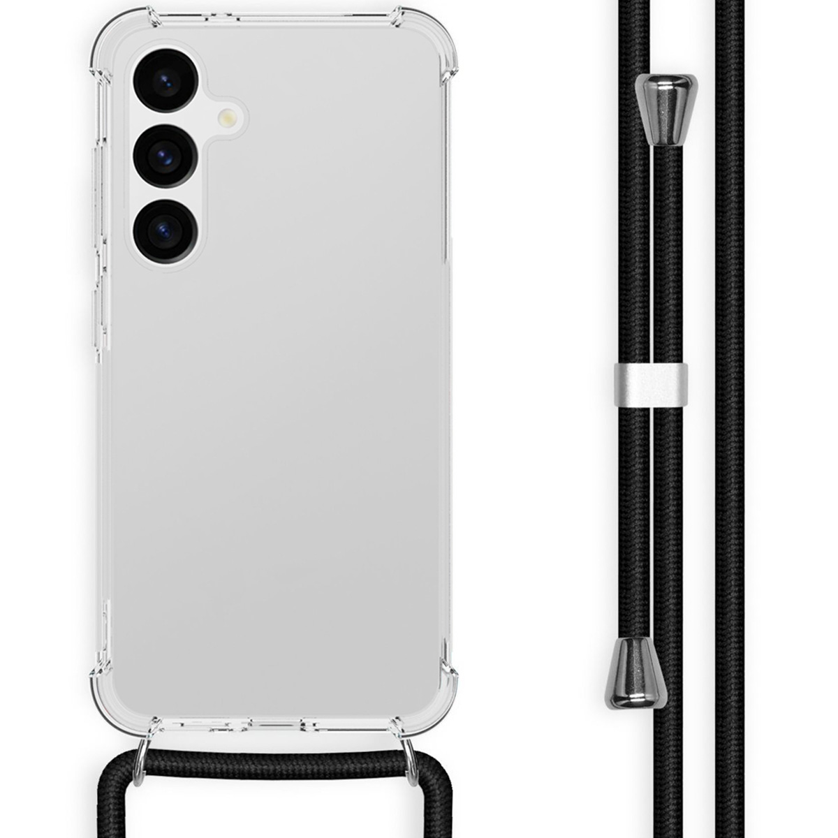 Transparant telefoonhoesje met een zwart koord bevestigd. Telefoon in de hoes, zwart koord aan de zijkant.