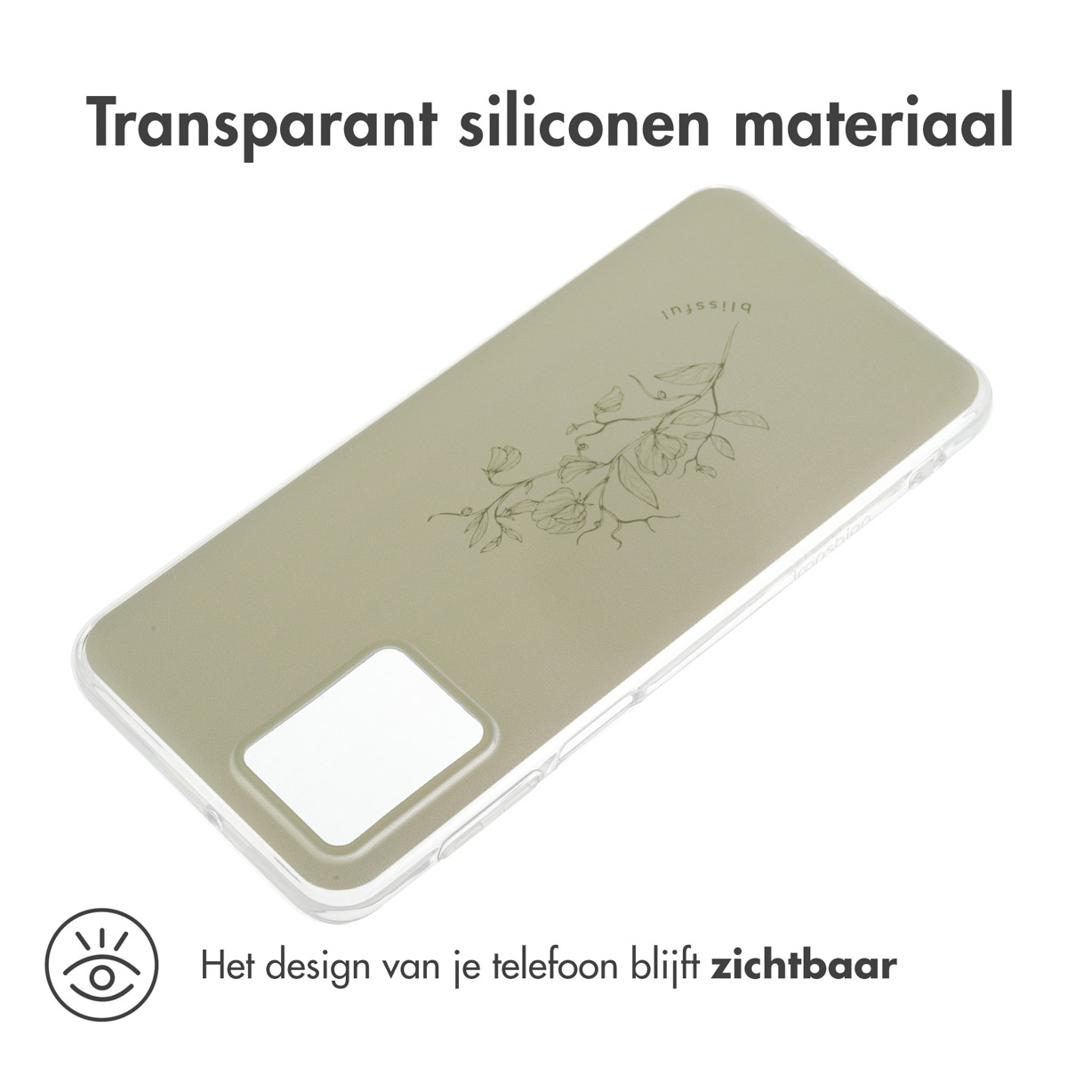 Transparante siliconen hoes met bloemenontwerp, telefoondesign zichtbaar. Olijfgroene achtergrond.