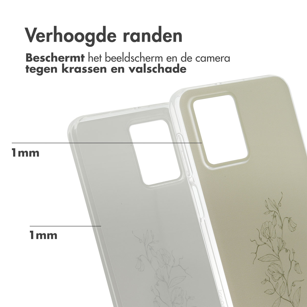 Twee telefoonhoesjes met verhoogde randen. Tekst: 1mm.