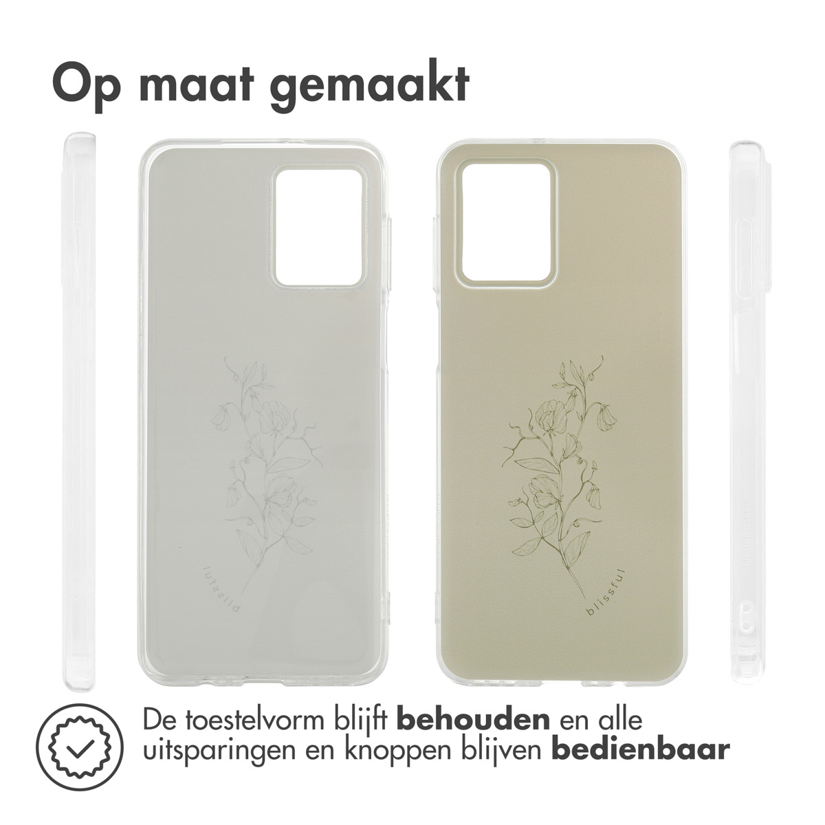 Telefoonhoesjes: twee, één met bloemenontwerp en de andere met een telefoon. Zijaanzicht van het telefoonhoesje.
