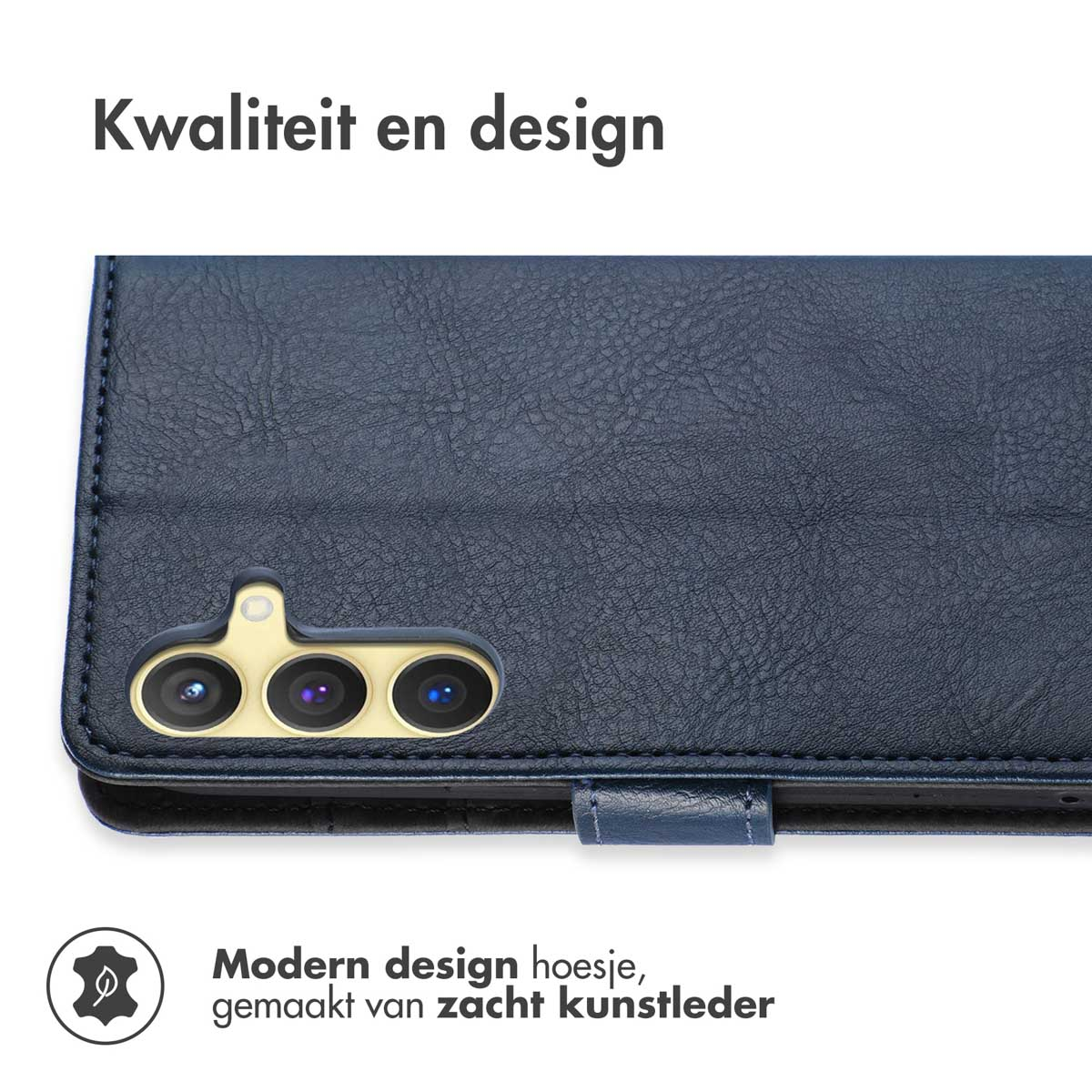 Close-up van een marineblauwe telefoonhoes met een telefoon. Ledertextuur en ontwerp.
