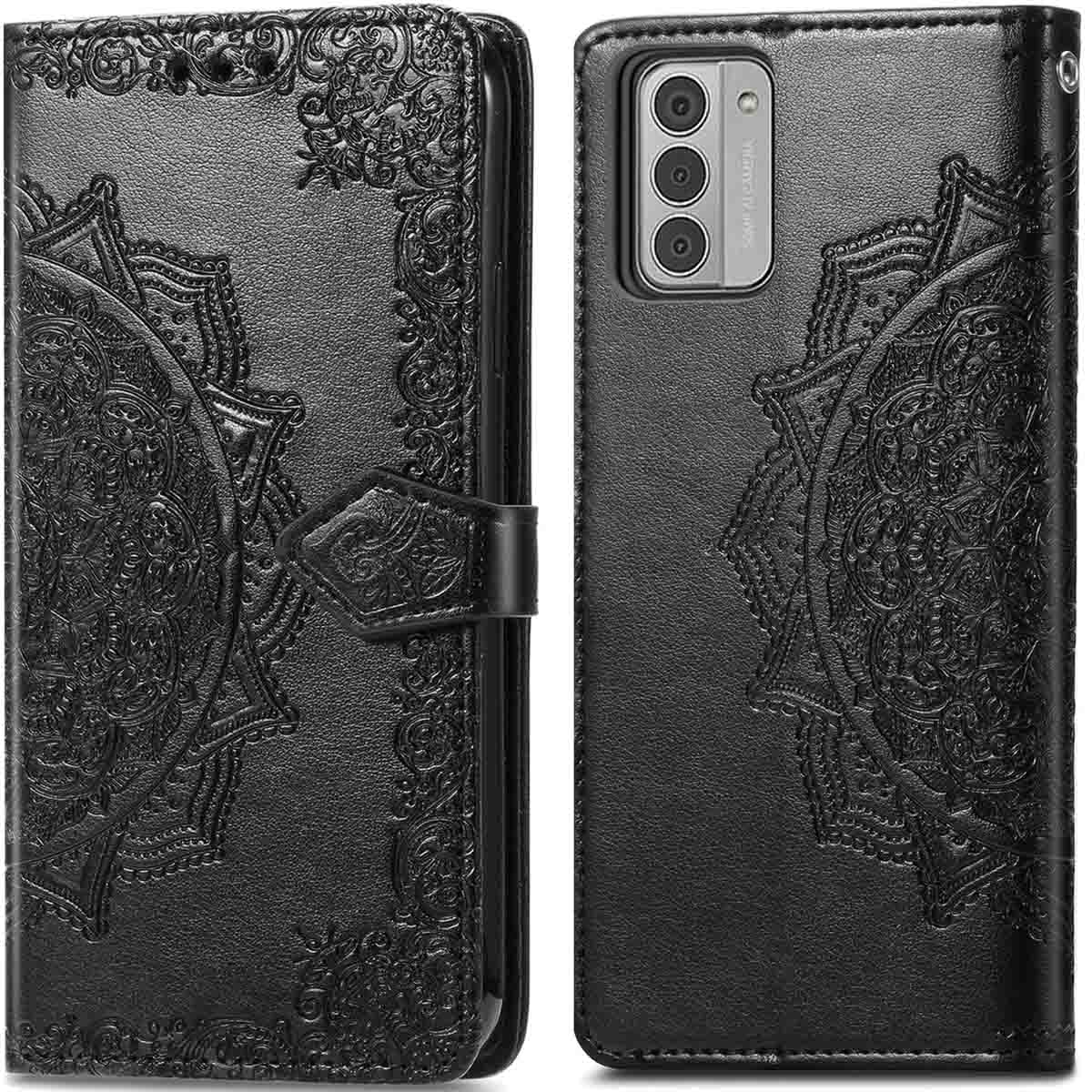 Coque de téléphone noire. Motif mandala en relief. Style portefeuille, fermé.