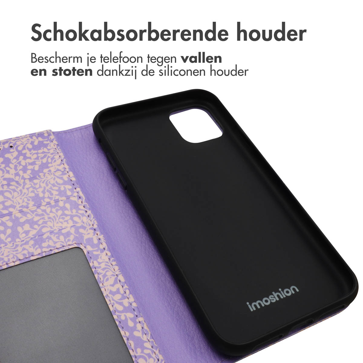 Lila Handyhülle geöffnet, zeigt schwarzes Telefon. Blumenmuster auf der Hülle.
