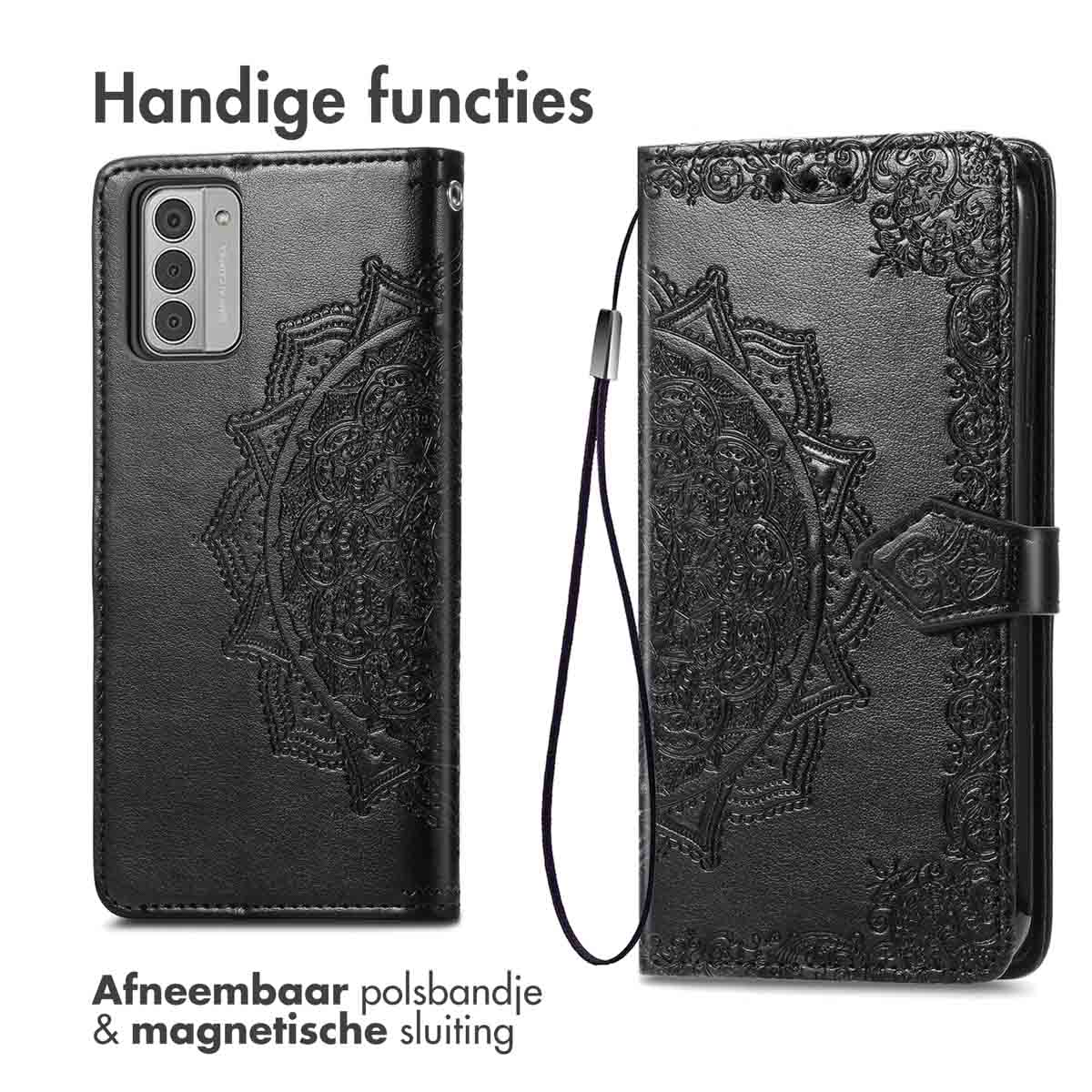 Coque de téléphone noire avec motif mandala, fermeture magnétique et dragonne amovible.