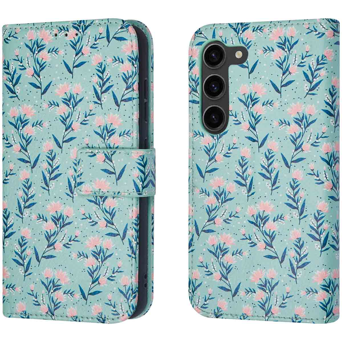 Teal phone case with pink flowers and green leaves. Phone on the right.