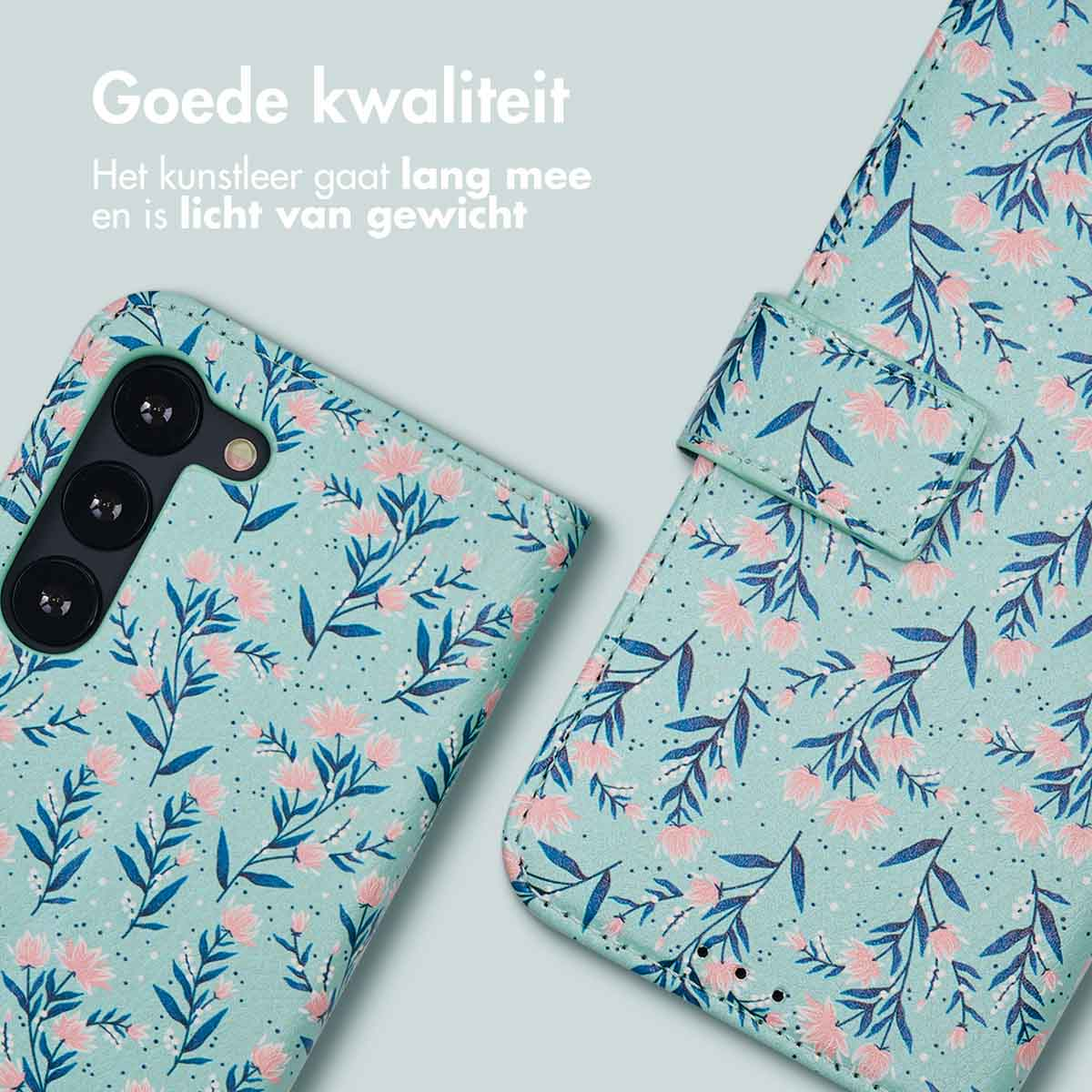 Close-up of a teal phone case with a floral pattern. Beige background.