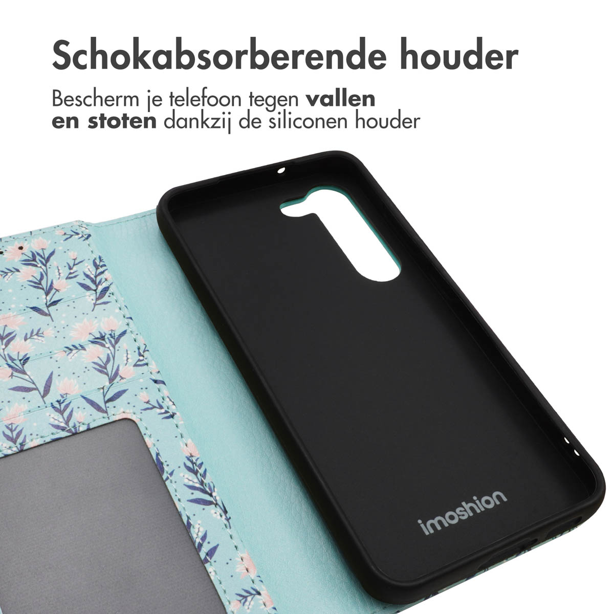 Teal phone case open revealing a black phone. Case has floral patterns.