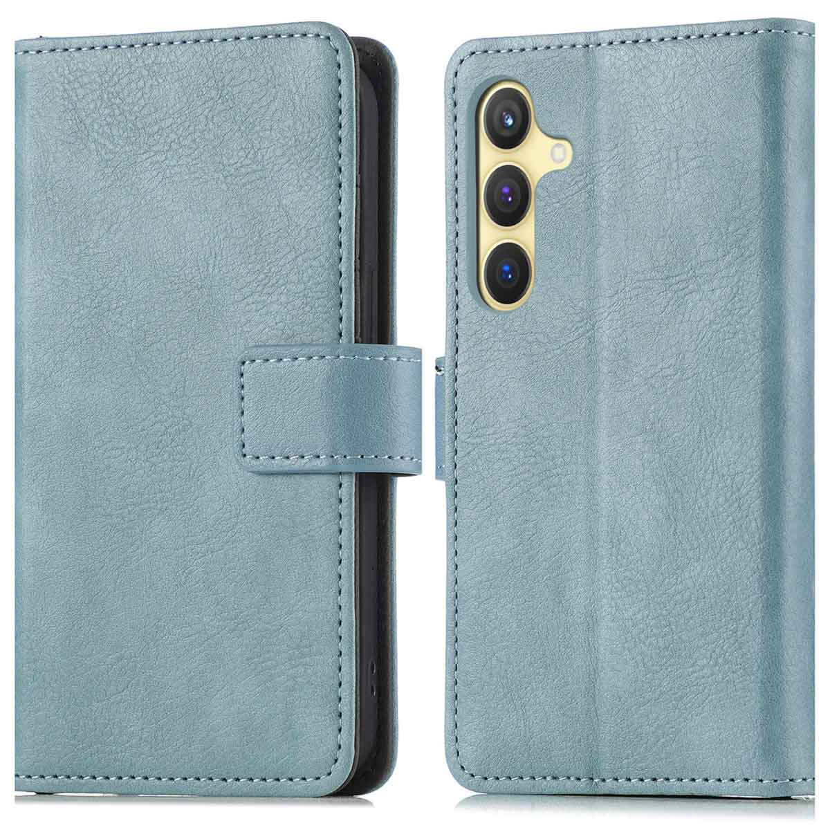 Lichtblauwe telefoonhoes, portemonnee stijl, gesloten. Zichtbare stiksels, magneetsluiting.