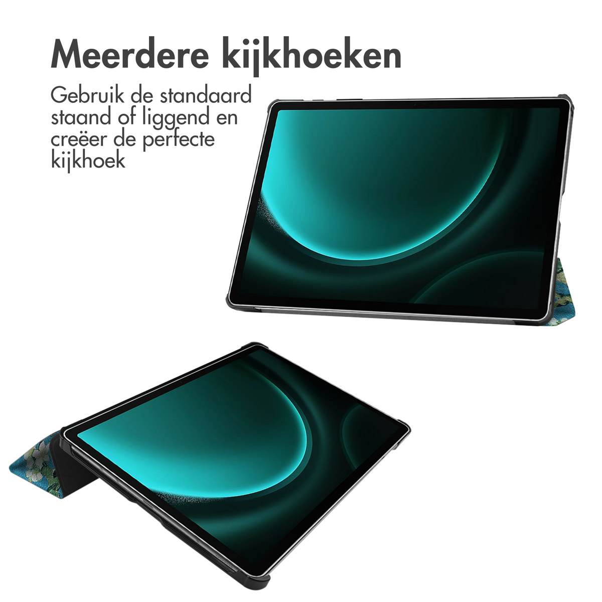 Tablets met hoezen, in landschapsmodus. Meerdere kijkhoeken mogelijk.