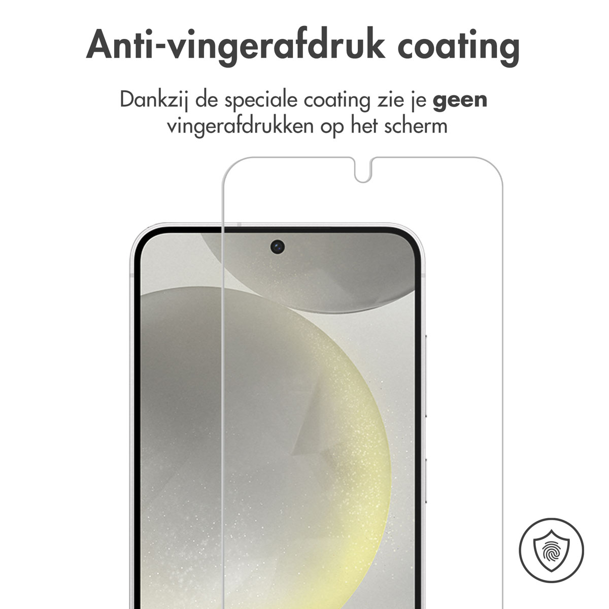 Schermbeschermer op telefoon. Tekst: Anti-vingerafdruk coating. Geen vingerafdrukken.