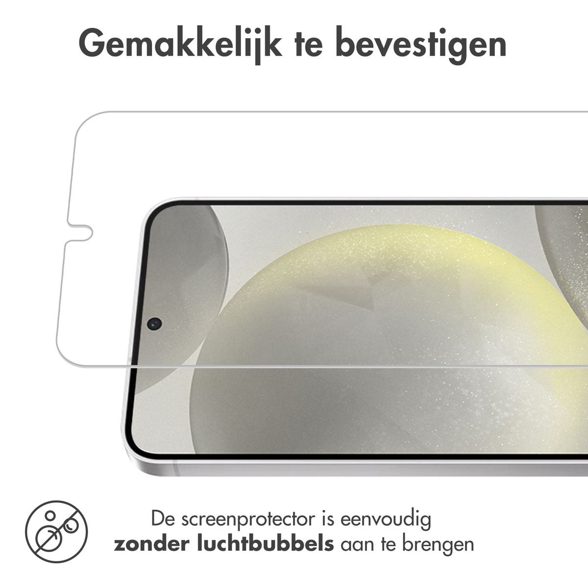 Screenprotector wordt aangebracht op een telefoon. De protector is transparant en zonder bellen.