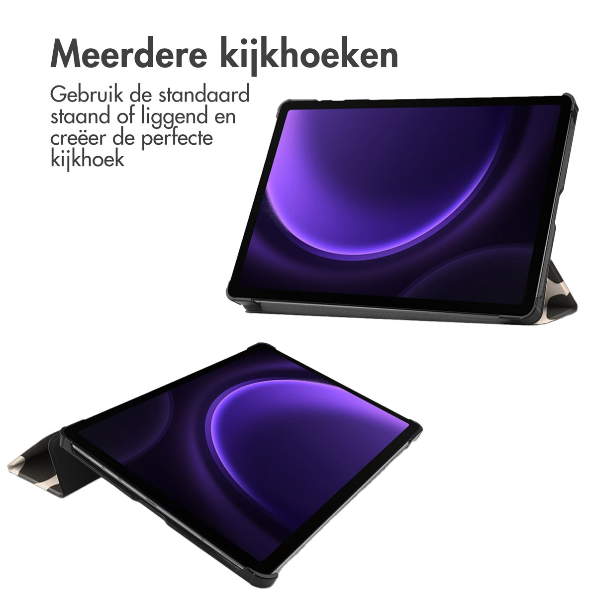 Twee tablets in hoesjes, een schuin omhoog, een plat. Tablets hebben een paarse en witte achtergrond.