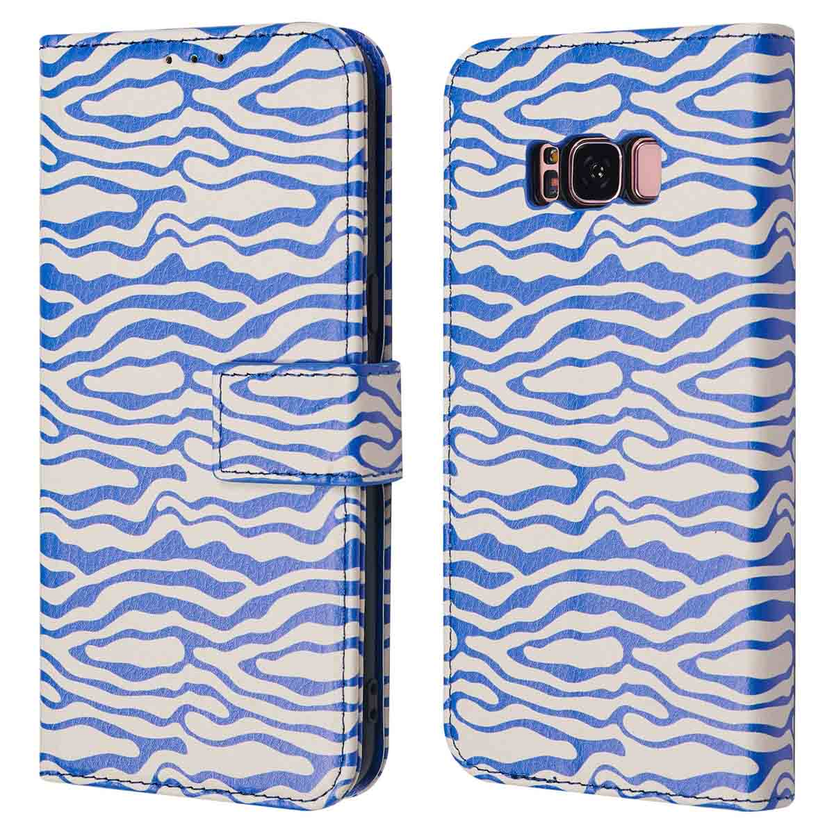 Telefoonhoes, blauw-wit zebraprint ontwerp, portemonnee stijl, gesloten.
