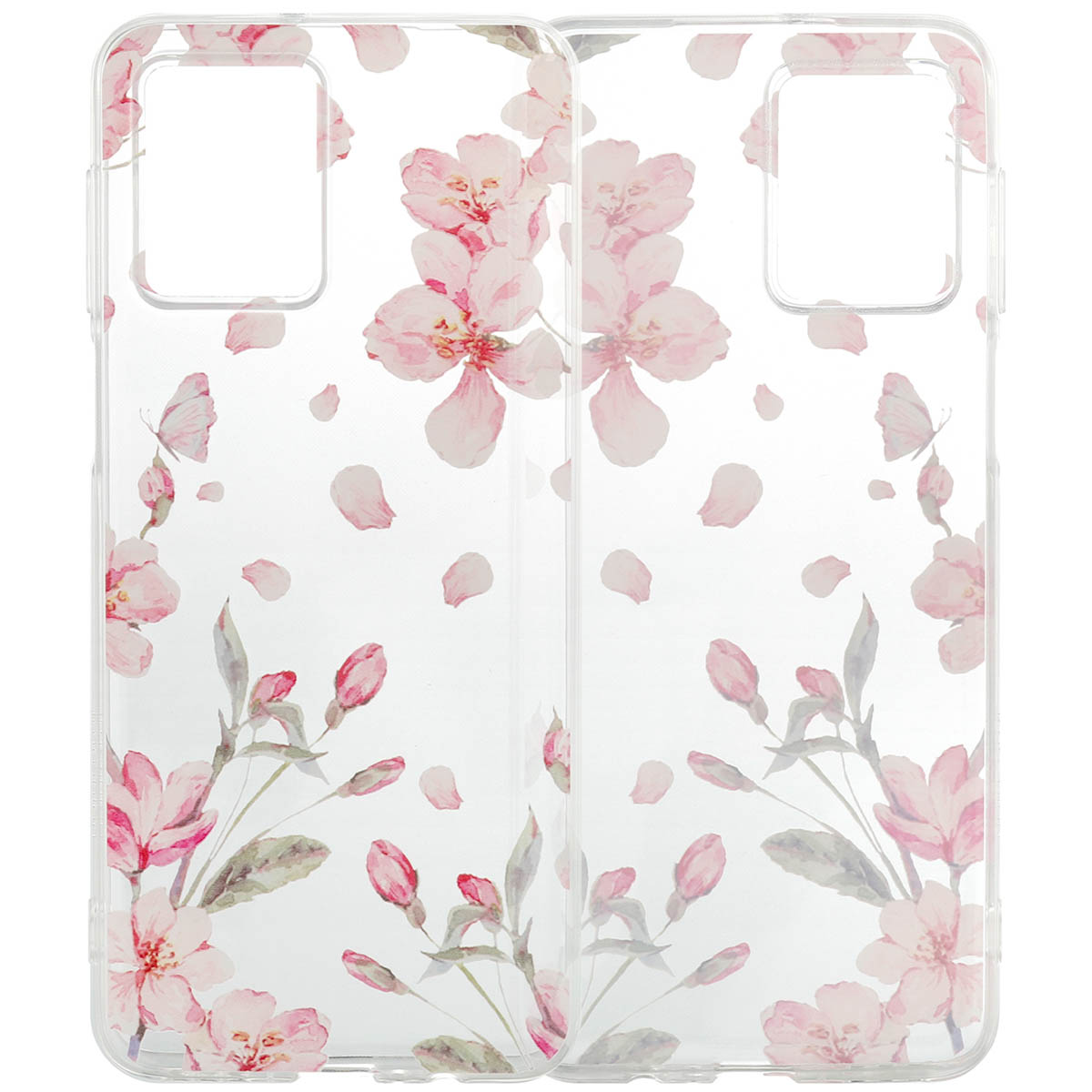 Twee telefoonhoesjes. Transparante hoesjes met roze bloemenontwerp. Bloemen en bladeren.