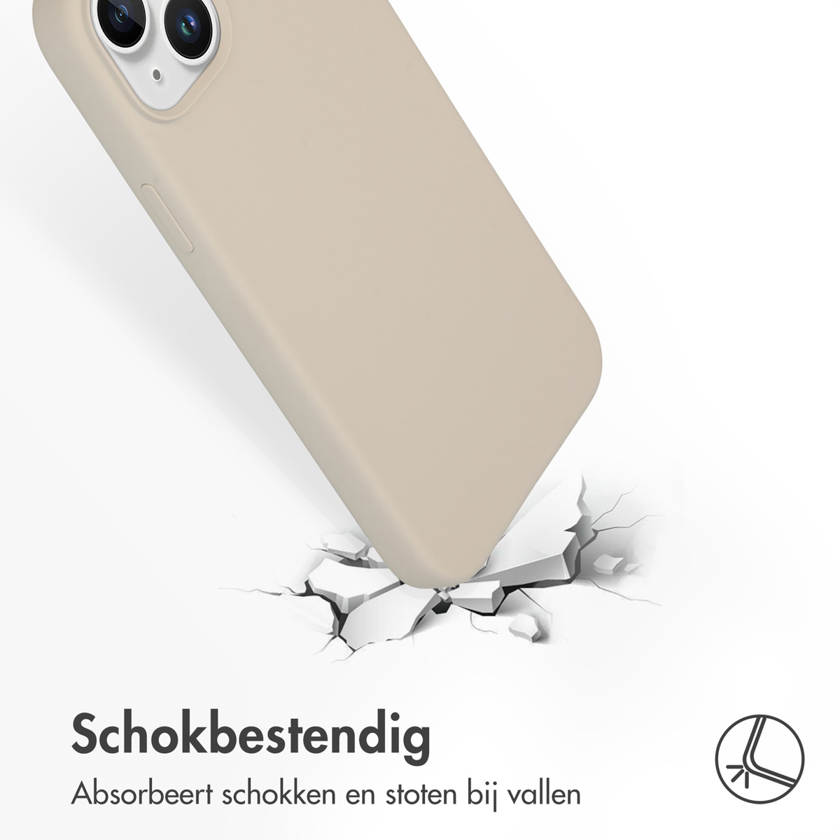 Een beige telefoonhoesje valt op een oppervlak, er verschijnen scheuren op het oppervlak.