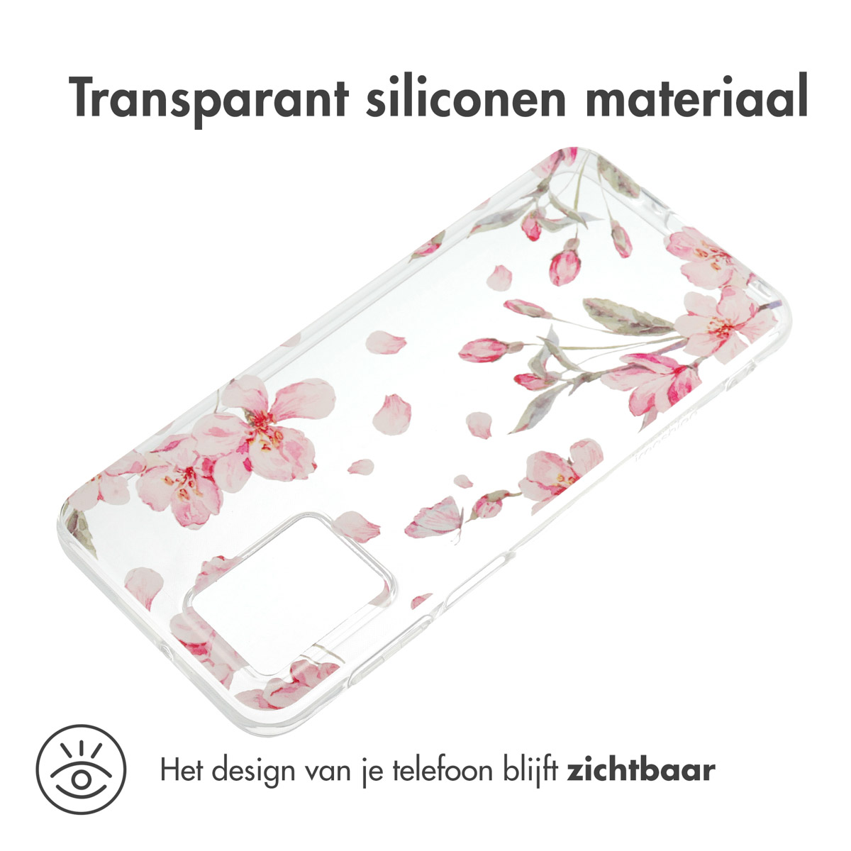 Transparante siliconen hoes met roze bloemendesign, telefoondesign zichtbaar. Witte achtergrond.