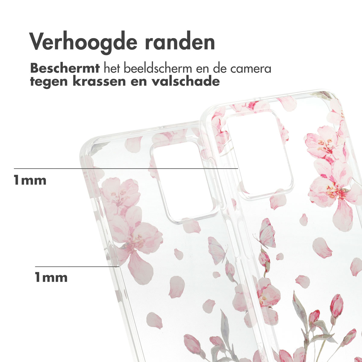 Transparante telefoonhoesjes met bloemenmotieven, met verhoogde randen en 1 mm dikte.