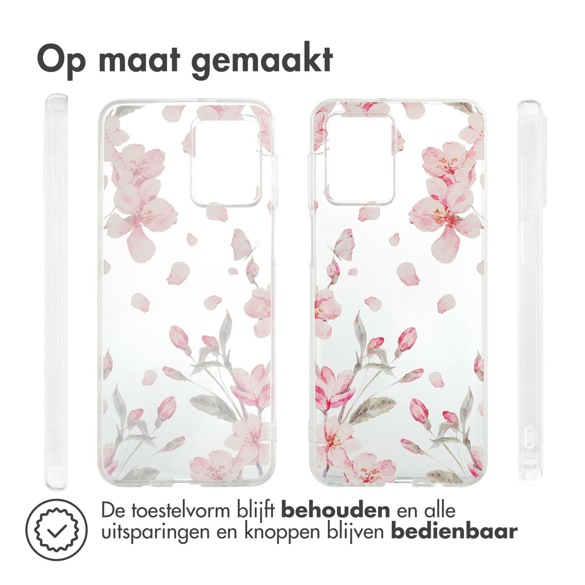 Twee telefoonhoesjes, één aan elke kant, met roze bloemen en bladeren bedrukt.