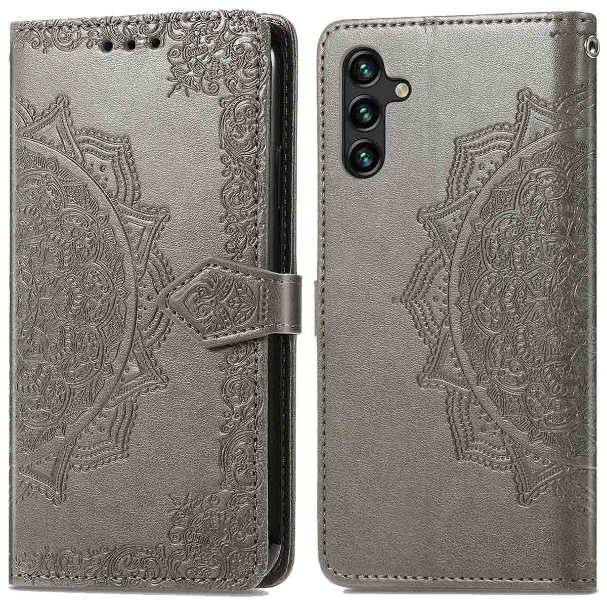 Grijze leren portemonnee telefoonhoes, open, met reliëfdesign en sluiting.