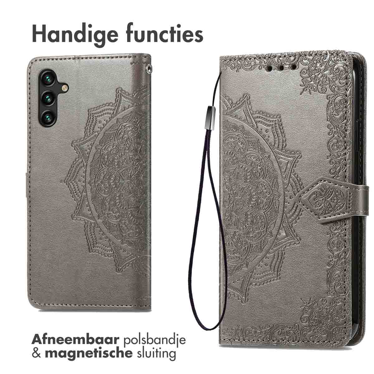 Telefoonhoesje, grijs met mandala-ontwerp. Afneembare polsriem en magnetische sluiting. Telefoon in hoesje.