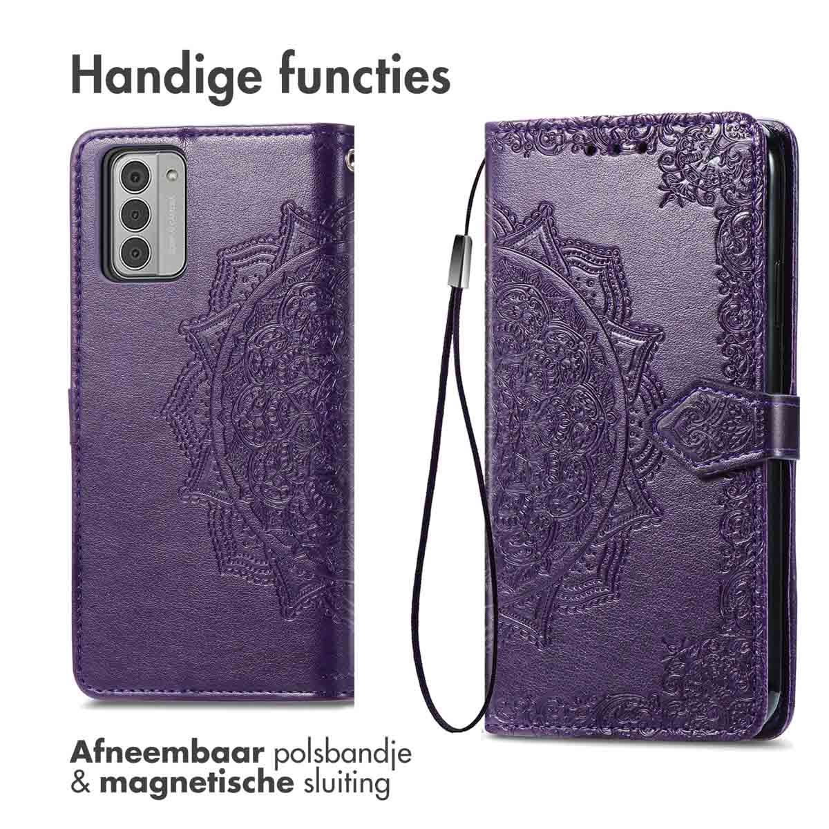 Paarse telefoonhoes met een mandala-ontwerp. Afneembare polsband en magnetische sluiting.