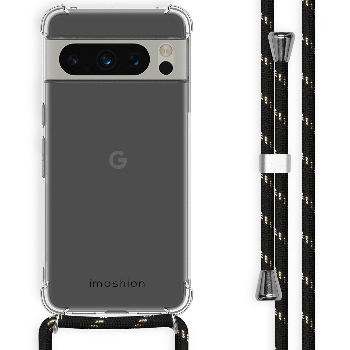 Téléphone avec une coque transparente et une lanière noire et blanche. Le téléphone a un dos transparent.