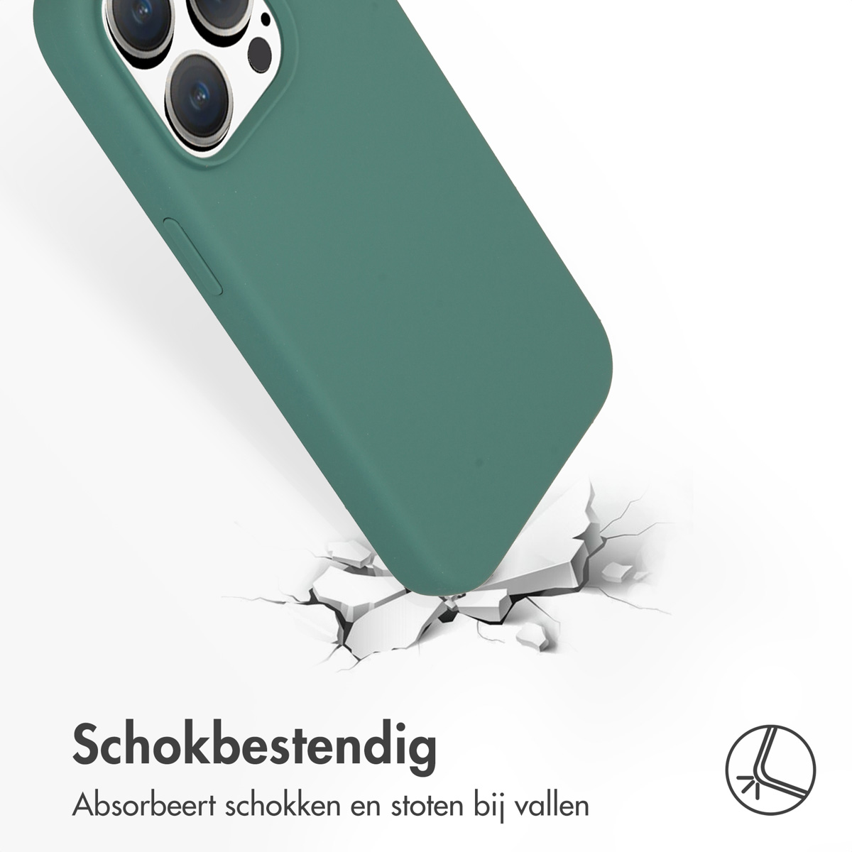 Grüne Handyhülle, die eine Oberfläche bricht. Die Oberfläche bricht am Aufprallpunkt.