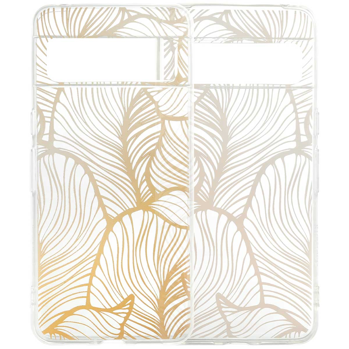 Coques de téléphone : deux transparentes avec un motif de feuilles d'or. Vue latérale de la coque du téléphone.