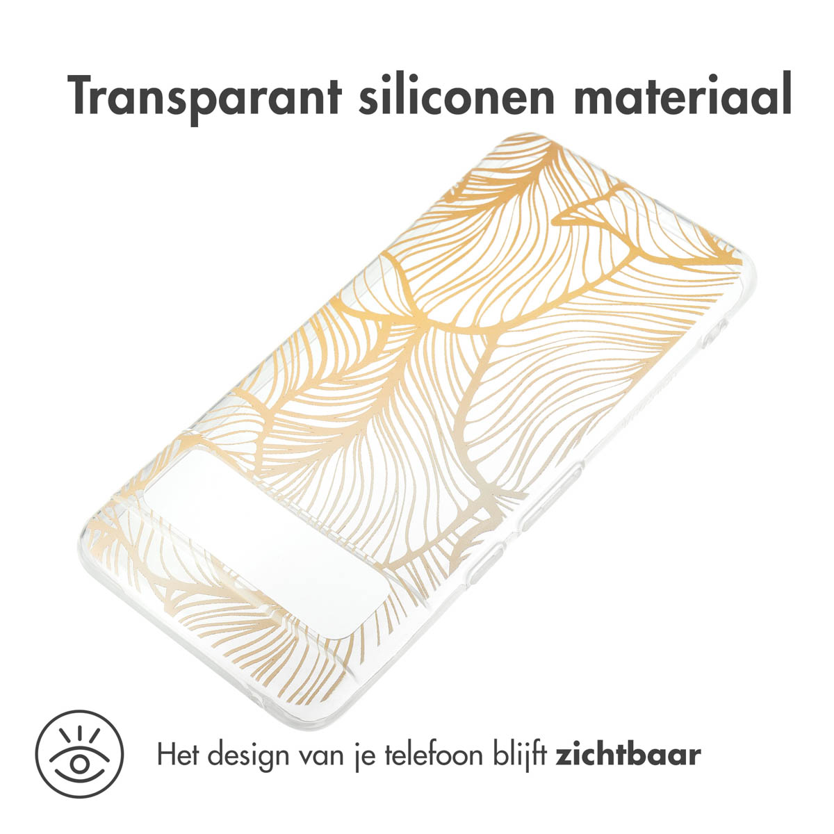 Coque transparente avec motif feuille d'or. Matériau silicone transparent. Design du téléphone visible.