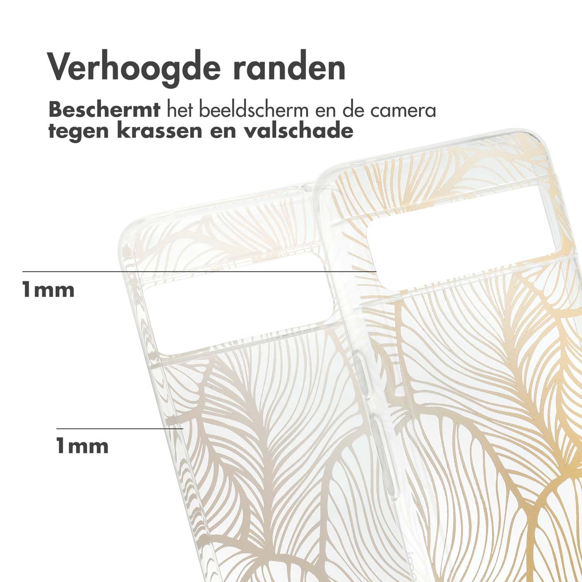 Deux coques de téléphone, montrant la protection des bords. Texte : 'Bords surélevés'.