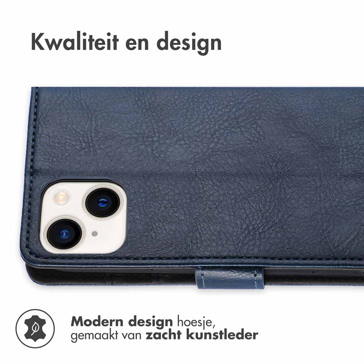 Een close-up van een donkerblauwe telefoonhoes met een magnetische band, met cameradetails.