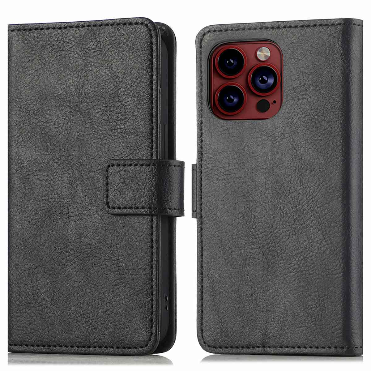 Étui en cuir noir ouvert, montrant le téléphone avec des lentilles rouges.