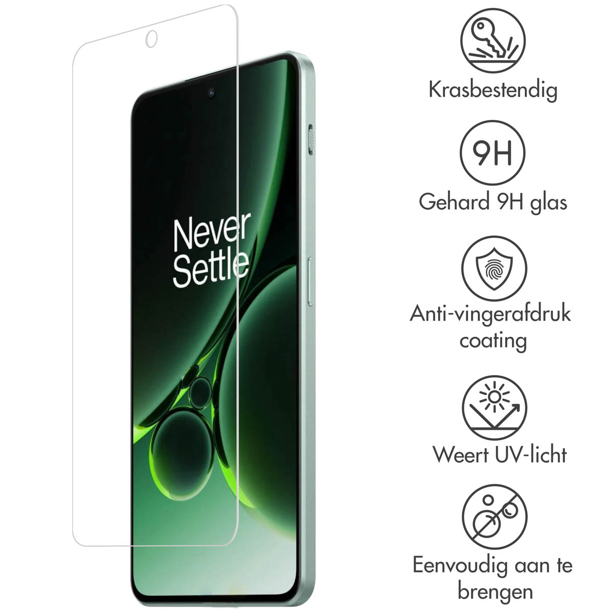 Telefoon en schermbeschermer. Beschermer is helder, telefoon is groen met tekst 'Never Settle'.