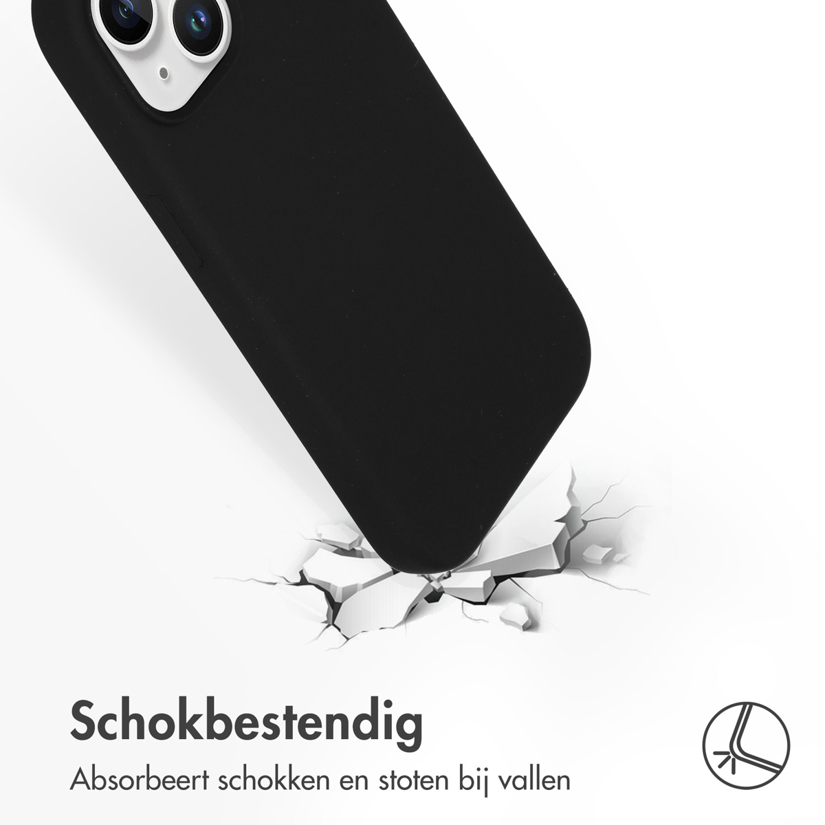 Telefoon valt en raakt de grond, die barst. De telefoonhoes is zwart.
