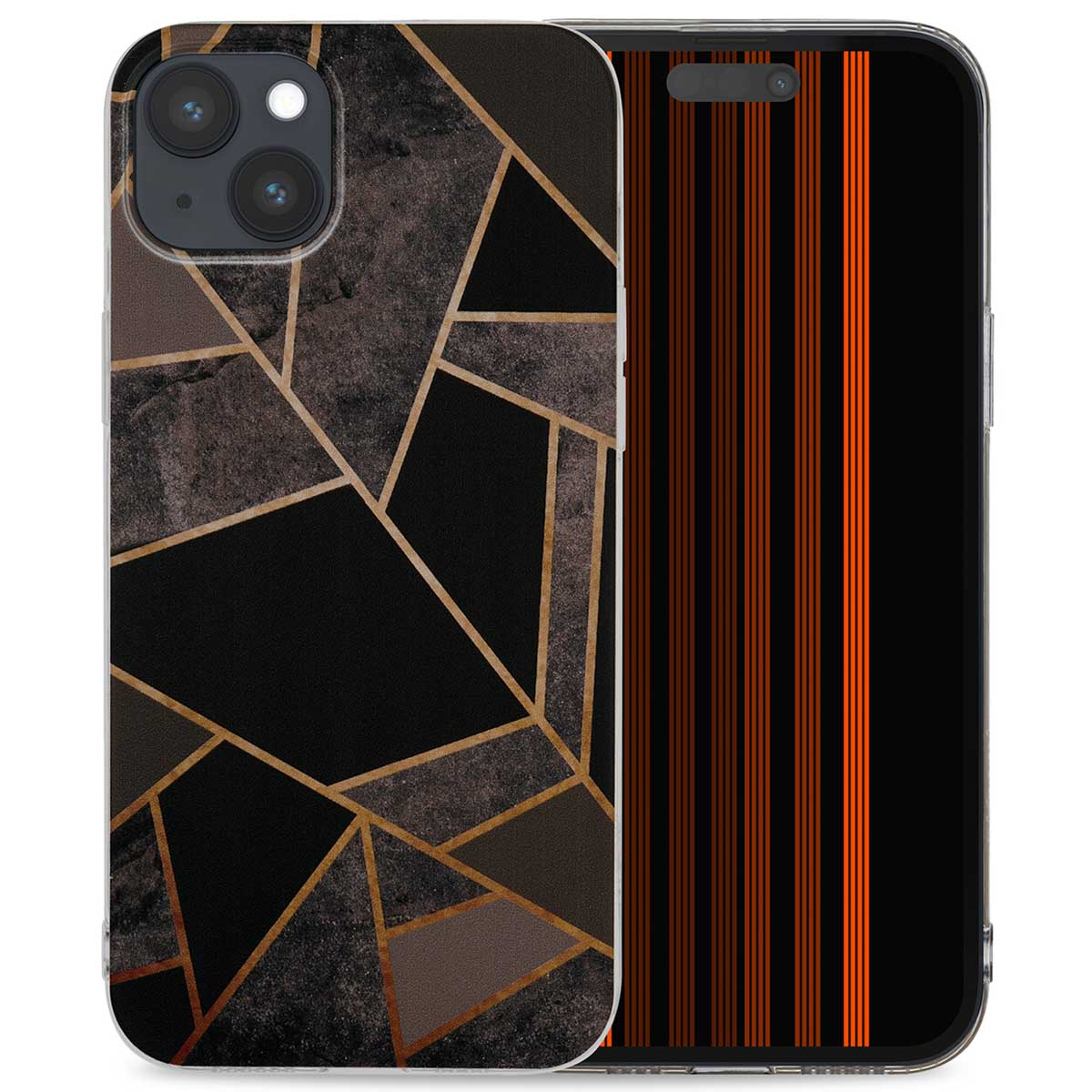 Telefoonhoesje met geometrisch patroon in zwart, bruin en goud. Het scherm is zichtbaar.