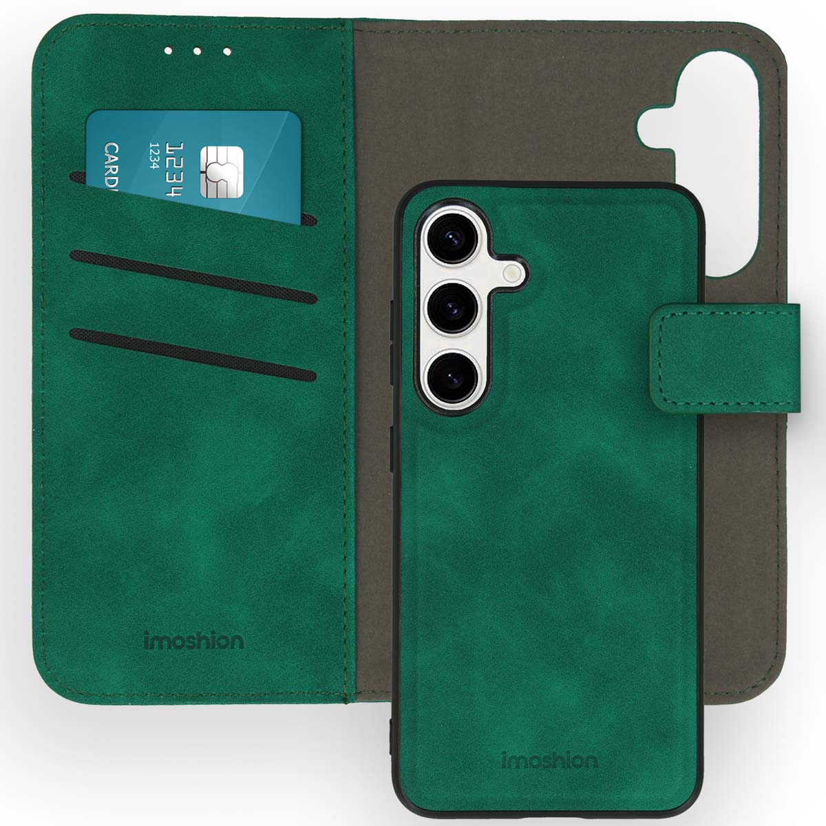 Coque de téléphone verte avec fente pour carte. Carte de crédit visible dans la fente. Téléphone dans la coque.